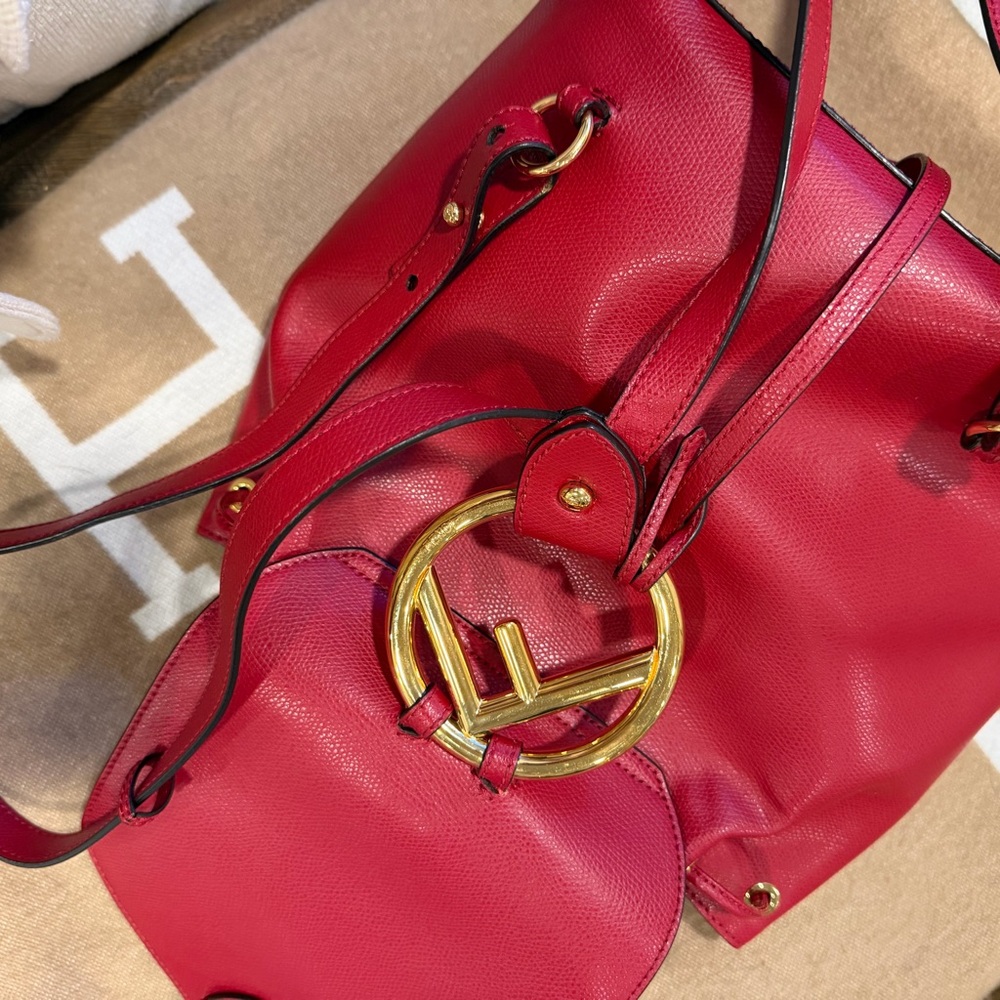 Fendi Red Leather Drawstring Backpack with Gold H… - image 11